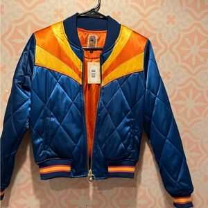 Blue Quilted Bomber Jacket with Orange & Yellow Accents—- Brand New